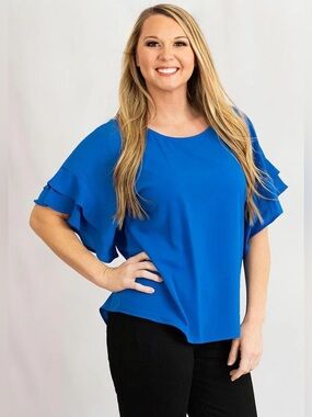 Umgee Layered Ruffle Sleeve Blouse- Cobalt Blue
